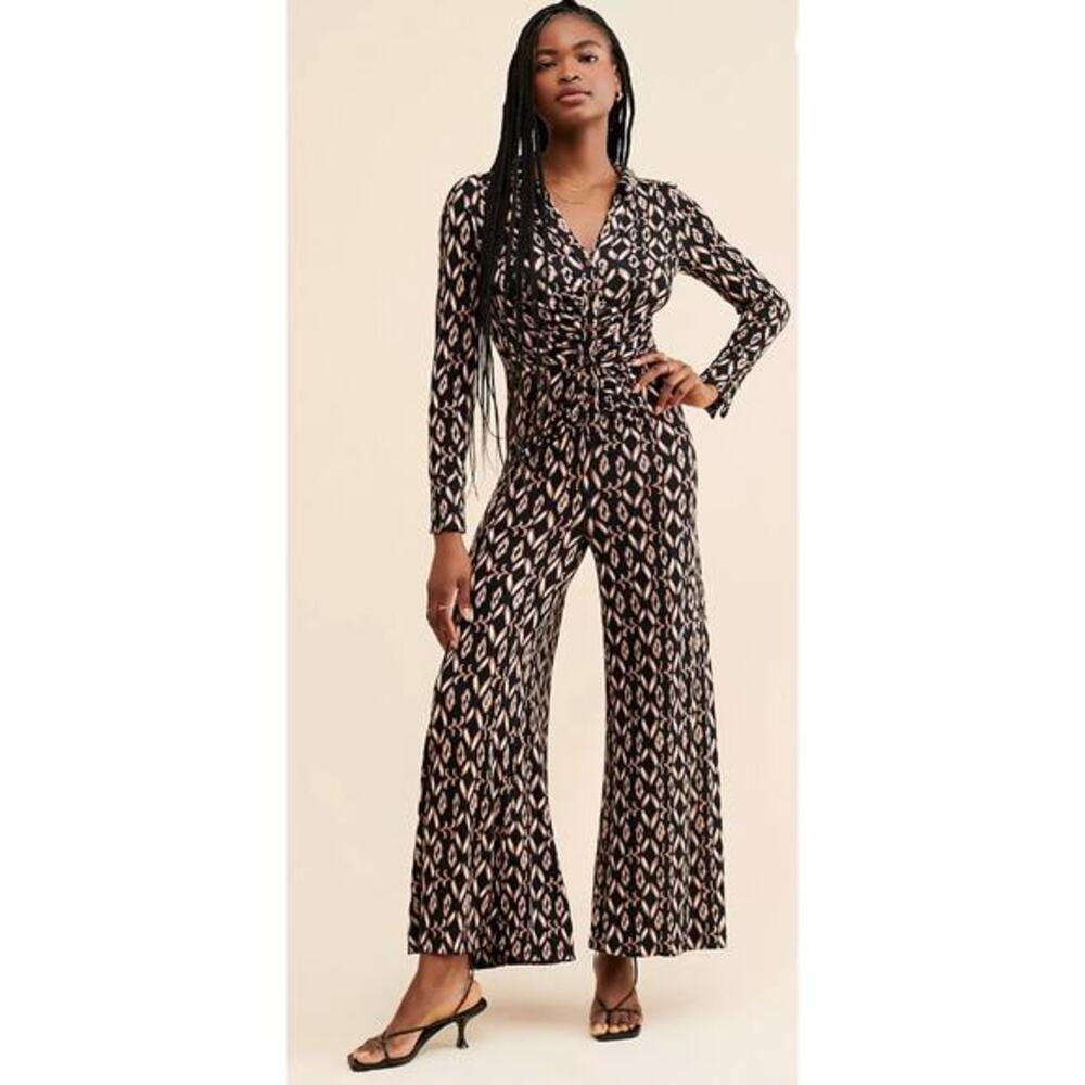 Free people brown Black Pattern Ruched Wide Leg Jumpsuit
